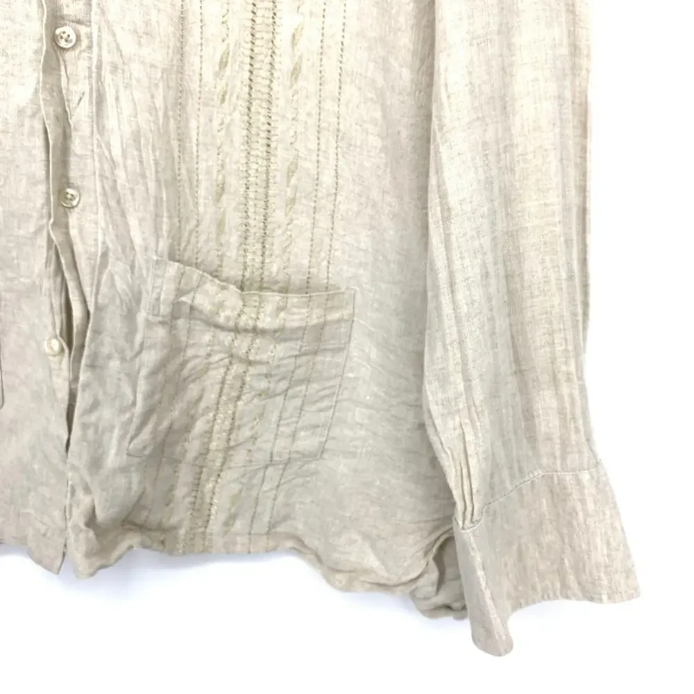 Jon Sonen Pointelle Button Down Shirt Womens Size XL Beige Linen Long Sleeve
